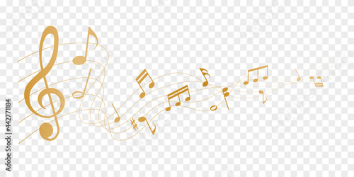gold vector sheet music - musical notes melody on transparent background	