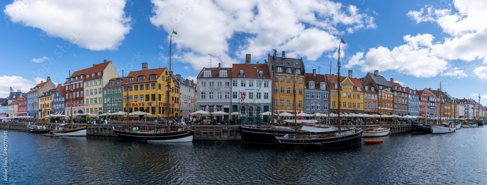 panorama view of the historic Nyhavn quarter in downtown Copenhagen