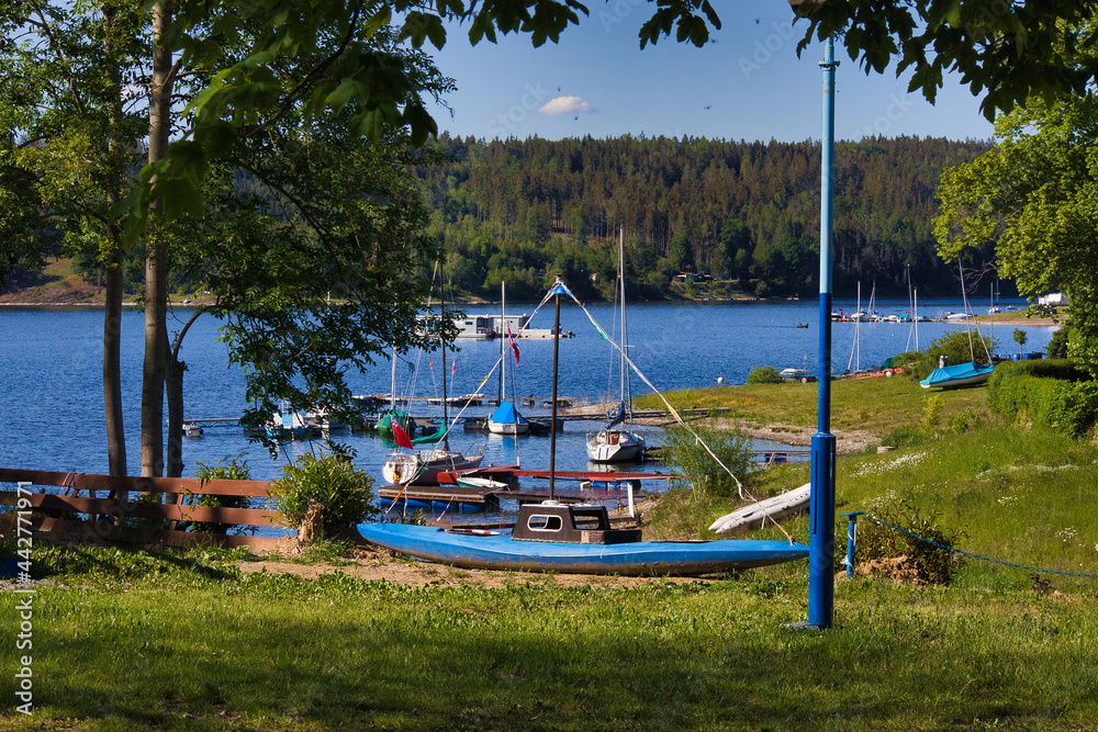 Blick auf die Bleilochtalsperre, Strand Bad, Saale, Stausee, Saalburg, Thüringen, Deutschland Blick auf die Bleilochtalsperre, Strand Bad, Saale, Stausee, Saalburg, Thüringen, Deutschland