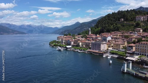 Aerial landscape from the drone on a sunny day of Como lake in Bellagio, north Italy, Lombardy