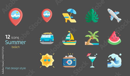 Fototapeta Naklejka Na Ścianę i Meble -  Summer beach flat design icon set