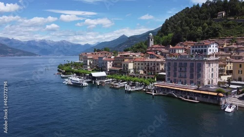 Aerial landscape from the drone on a sunny day of Como lake in Bellagio, north Italy, Lombardy