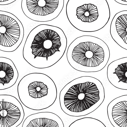 Seamless pattern. Vector illustration. Black outline sketch. Doodle drawing of mushrooms.