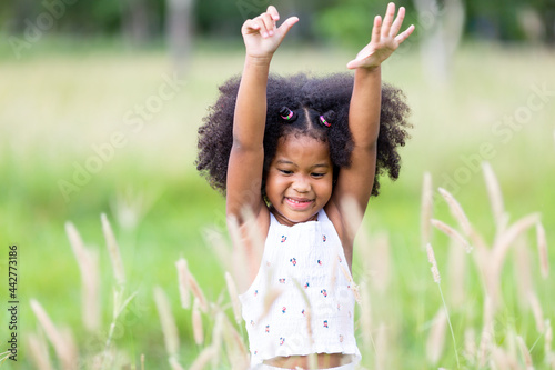 Childhood ideas and emotions - Little African American curly haired girl with meadow flowers in hand, carefree mood, positive mood.