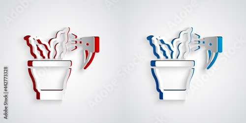 Paper cut Spraying a house plant with a spray gun icon isolated on grey background. Moistening of foliage. Care for home flowers. Paper art style. Vector