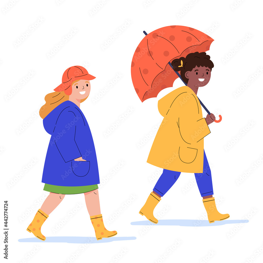 Children in raincoats and with umbrella in the rain. Girls walk in the rain. Flat vector cartoon illustration isolated on white background. Children in raincoats and with umbrella in the rain. Girls walk in the rain. Flat vector cartoon illustration isolated on white background.