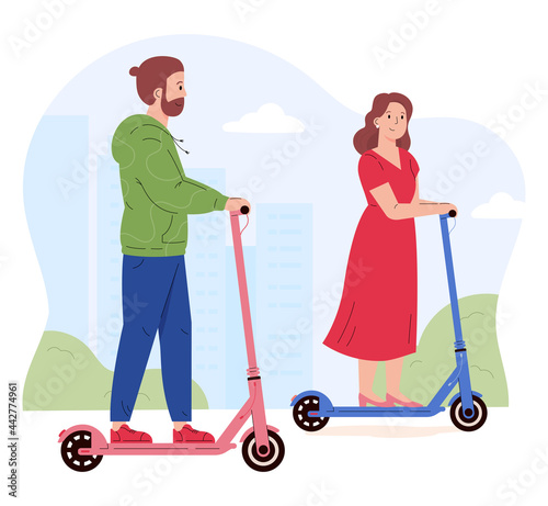 Man and woman riding electric walk scooters. Couple driving e-scooters together. Alternative modern eco urban transport, healthy lifestyle. Flat vector illustration isolated on white background 