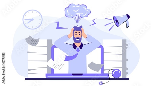 Emotional burnout Man head exploding under anxiety pressure Social demands and work life balance problems Acute stress disorder Work related stress concept vector illustration