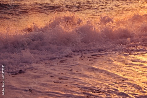 Dusk sea water wave dawn. red coast