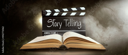 Storytelling, text title on the film slate, Screenwriting concept.