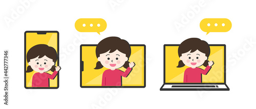Set of girls having a video call with someone. Vector illustration isolated on white background.