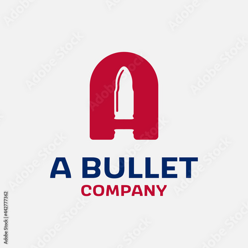 Letter Initial A with Bullet Projectile Cartridge Ammo for Gun Shop Armory Army Military Soldier Brand Business Company in Simple Flat Retro Logo Design Template.