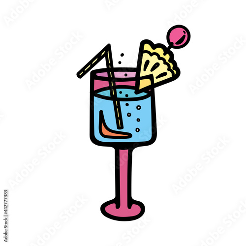 Color vector illustration of a pink wine glass of cocktail with bubbles, pineapple and berries. Icon for bar and club, logo, website, party, cafe menu, bar menu, logo for restaurant design.