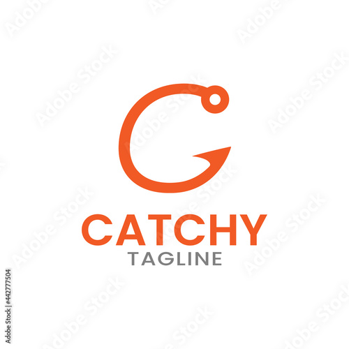 Letter Initial C Fishing Hook Logo Design Template. Suitable for Fishing Shop Fisherman Sport Business Brand Company in Simple Orange Logo Design.