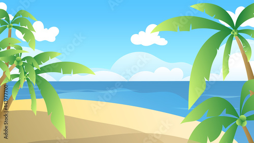 Beach, ocean waves and coconut trees with blue sky in summer vector , illustration Vector EPS 10