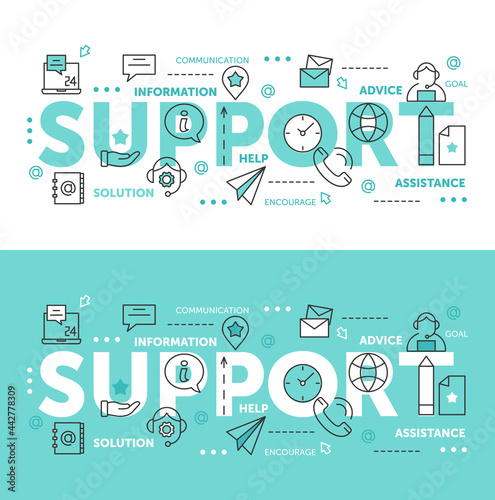 Thin line abstract web design for call center technical online help and assist with tech problems, mobile website banners. Support word vector illustration set