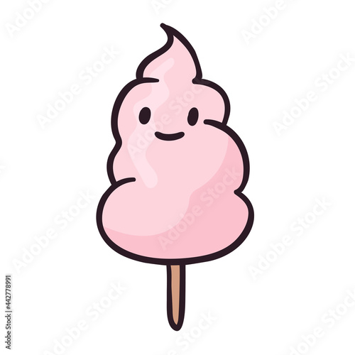 Cute isolated vector illustration. Doodle sticker of ice cream or cotton candy on a stick with a face and a smile. Children icon of trendy sweets in line art style.