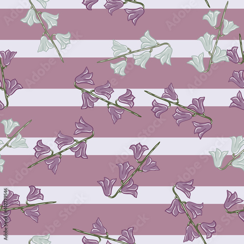Natural plants seamless pattern with random creative bell flowers elements print. Purple striped background.