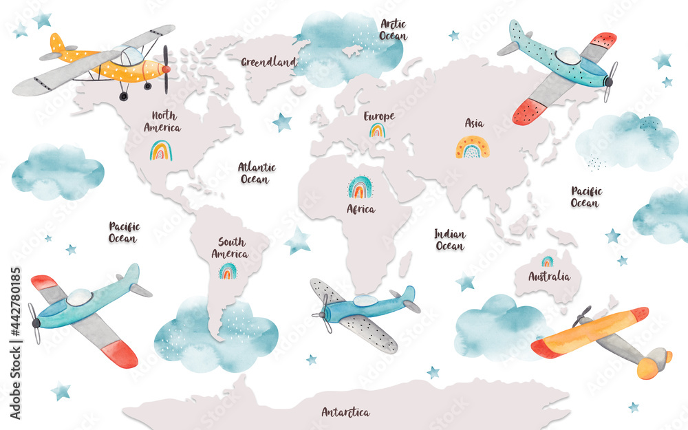 World map for kids with cute cartoon planes, clouds and rainbows. Children's map design for wallpaper, kid's room, wall art. America, Europa, Asia, Africa, Australia, Arctica. Watercolor illustration.