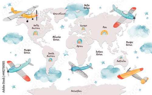 Fototapeta pastelowa mapa z samolotami i chmurami