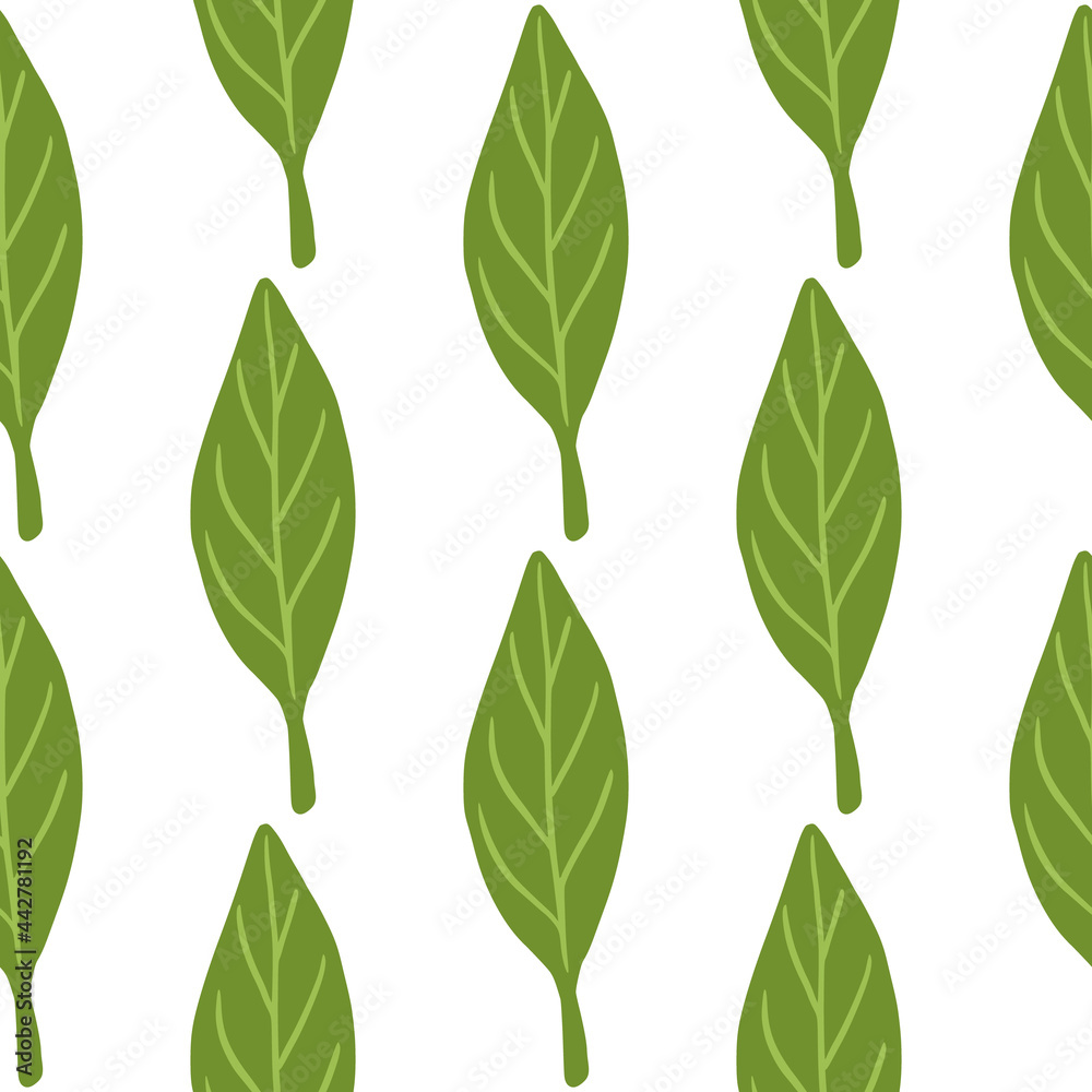 Modern plants seamless isolated pattern with bright green simple leaf ornament. White background.