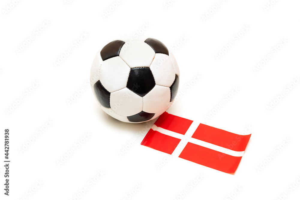 Fototapeta premium Soccer ball and flag of Denmark, isolated on white background. Football concept