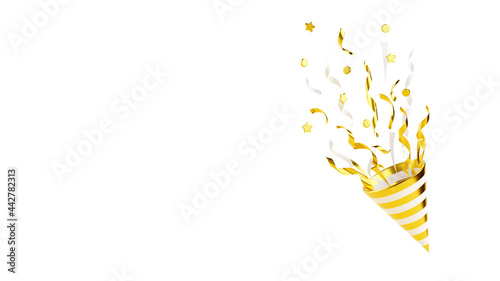 Gold party popper with flying confetti 3d render illustration isolated on white.