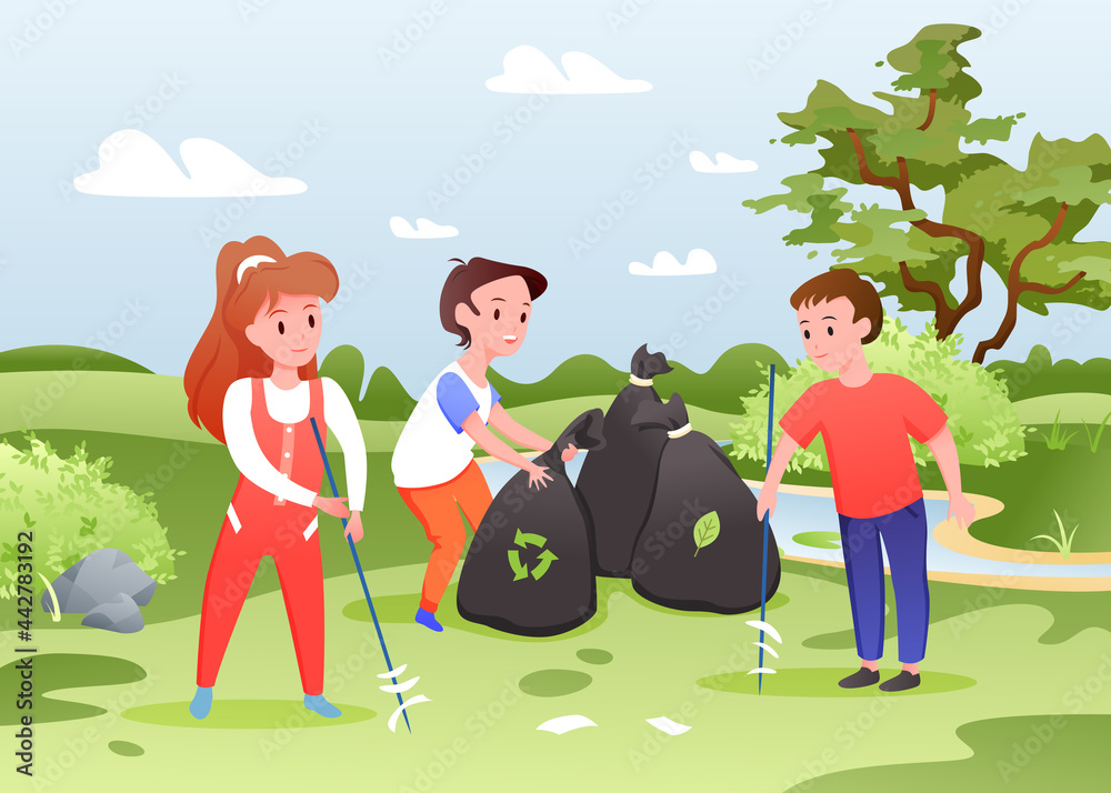 Kids collect garbage, children work vector illustration. Cartoon group of  boy and girl child characters sort plastic or paper garbage, collecting  rubbish waste in bags, cleaning city park background Stock Vector