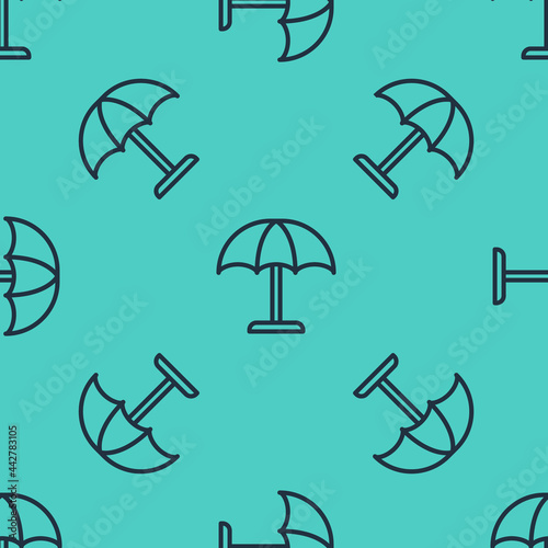 Black line Sun protective umbrella for beach icon isolated seamless pattern on green background. Large parasol for outdoor space. Beach umbrella. Vector
