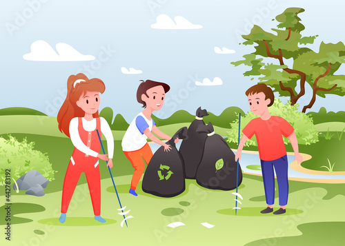 Kids collect garbage, children work vector illustration. Cartoon group of boy and girl child characters sort plastic or paper garbage, collecting rubbish waste in bags, cleaning city park background