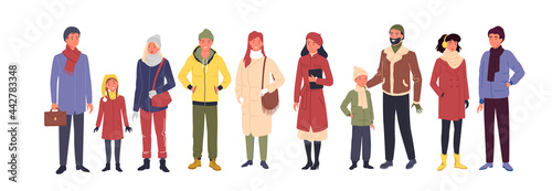 People wear casual winter clothes vector illustration. Cartoon group of cute man woman kid characters in trendy outerwear standing in row, wearing warm coat and boots, scarf and hat isolated on white
