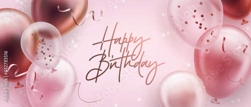 Vector birthday elegant greeting card or banner with golden, pink and white balloons and falling confetti. Vector illustration