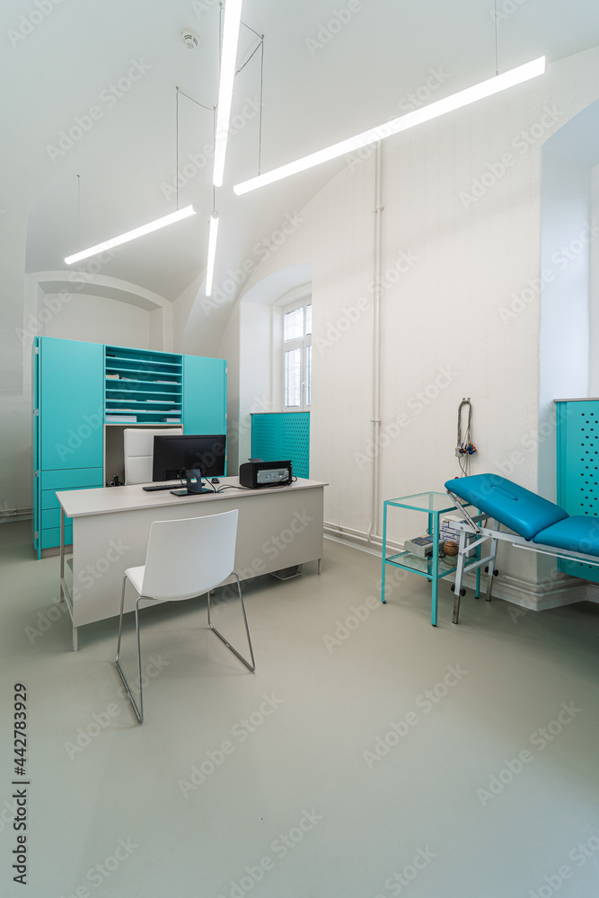 Eye clinic room. White hospital clinic office consulting room. Eye surgery, eye clinic.