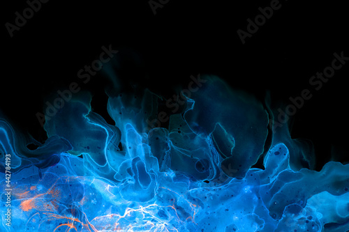 Abstract texture blue drips on a black background. Blue flashes