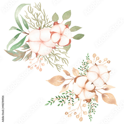 Fototapeta Naklejka Na Ścianę i Meble -  Watercolor botanical bouquet with cotton and leaves illustration. Floral Bouquet, Greenery Clip art, Wedding invites, Card making, Logo design