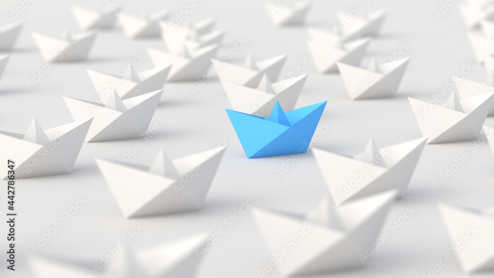Leadership concept, blue leader boat, standing out from the crowd of white boats, on white background. 3D Rendering Leadership concept, blue leader boat, standing out from the crowd of white boats, on white background. 3D Rendering