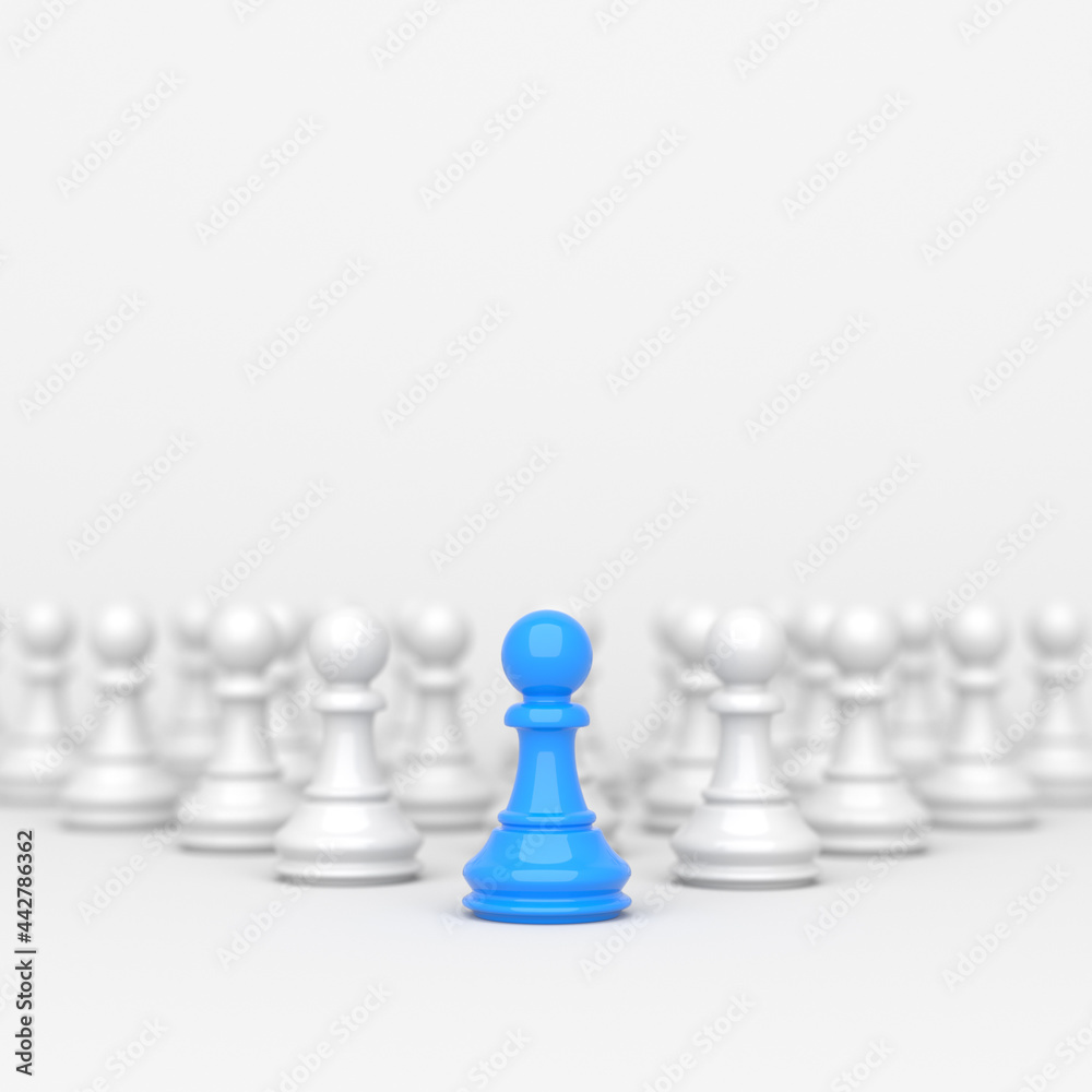 Leadership concept, blue pawn of chess, standing out from the crowd of white pawns, on white background with empty copy space. 3D Rendering