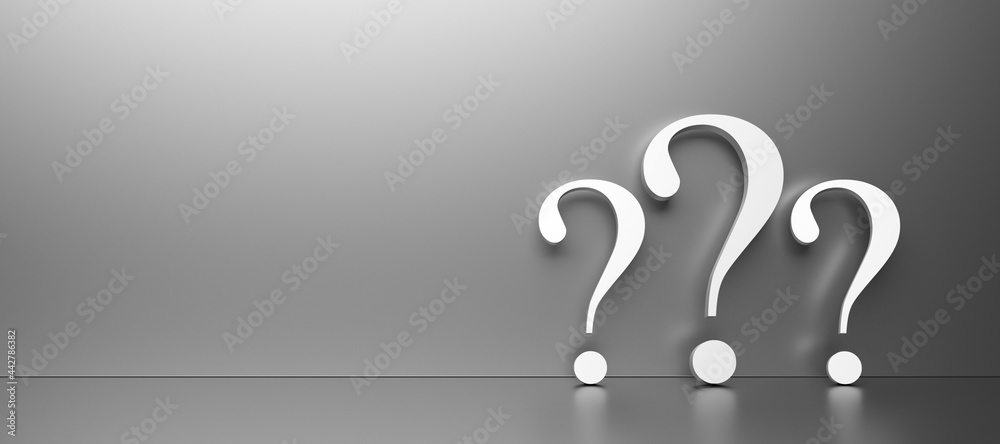 White question marks on black background with empty copy space on left side, FAQ Concept. 3D Rendering - obrazy, fototapety, plakaty 