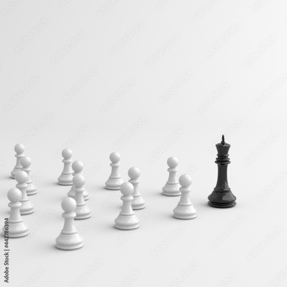 Leadership concept, black king of chess, standing out from the crowd of white pawns, on white background. 3D Rendering