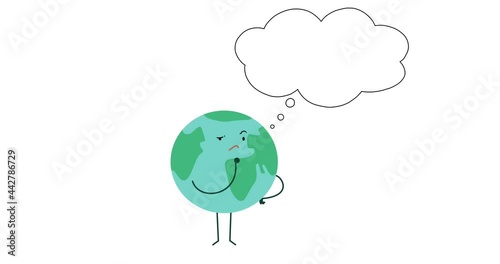 Planet Earth Cartoon is thinking, with thought bubble