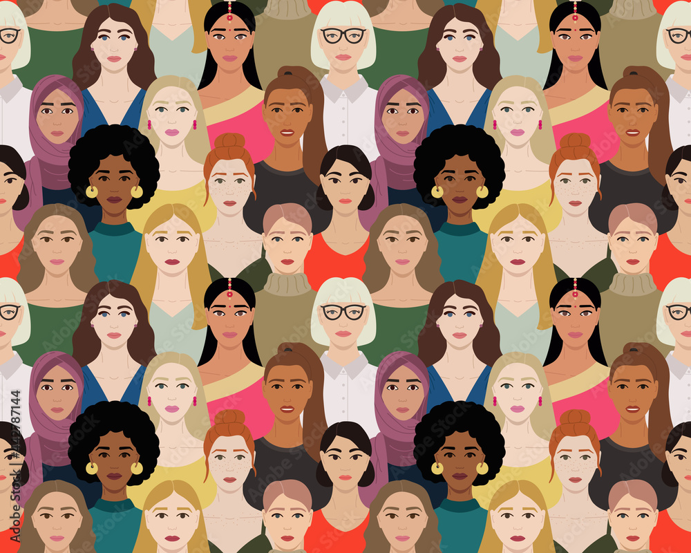Seamless pattern of female multinational diverse faces. International  Womens Day pattern. Female empowerment poster. Hand drawn vector  illustration of faces of women. Stock Vector