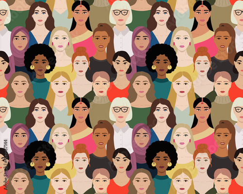 Seamless pattern of female multinational diverse faces. International Womens Day pattern. Female empowerment poster. Hand drawn vector illustration of faces of women.