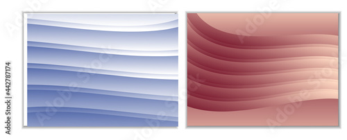 Abstract gradient waves background and folds. A set of 2 templates. 3D illustration in gentle pastel colors. Vector