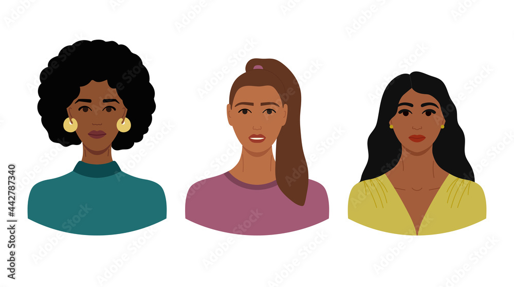 Set of female faces with dark skin and different hairstyles. Collection of portraits of women for avatars in social networks, communication interface. Hand drawn vector illustration. Set of female faces with dark skin and different hairstyles. Collection of portraits of women for avatars in social networks, communication interface. Hand drawn vector illustration.