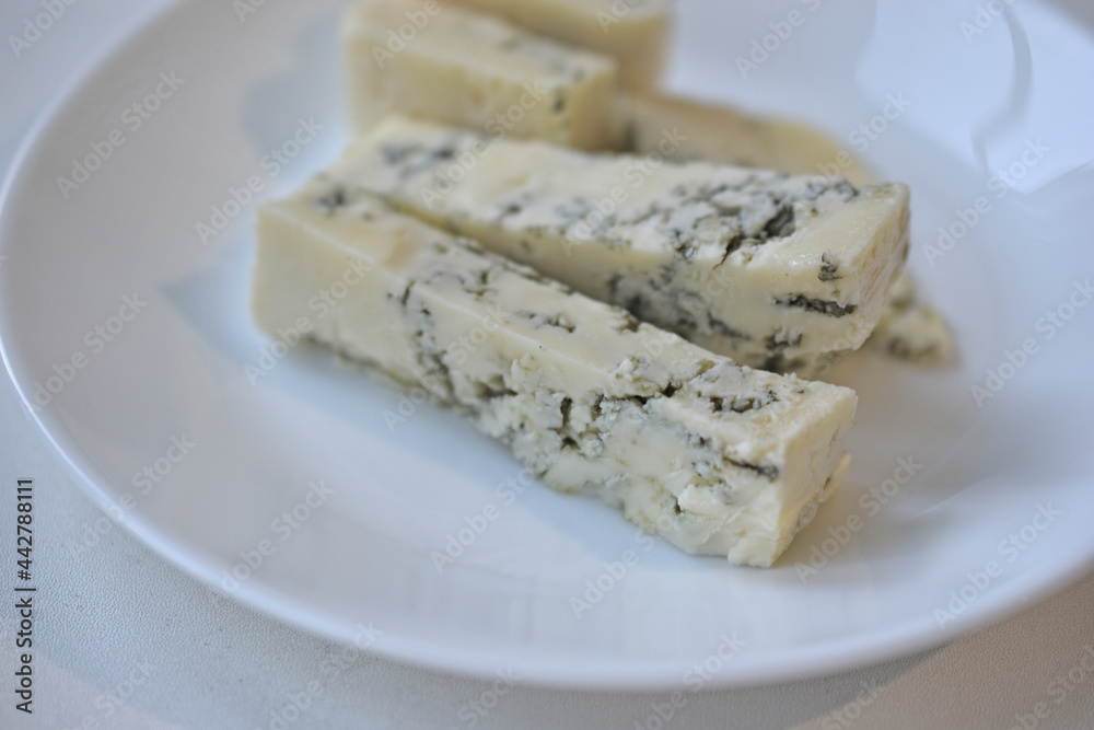 White cheese with blue mold on a plate White cheese with blue mold on a plate