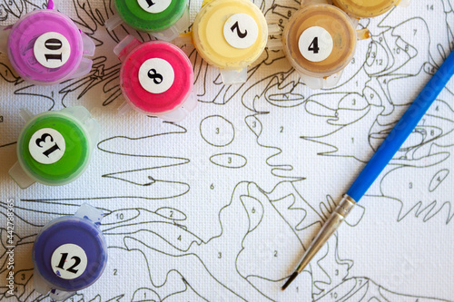 Painting by numbers with acrylics on cotton canvas is a hobby for practicing at home