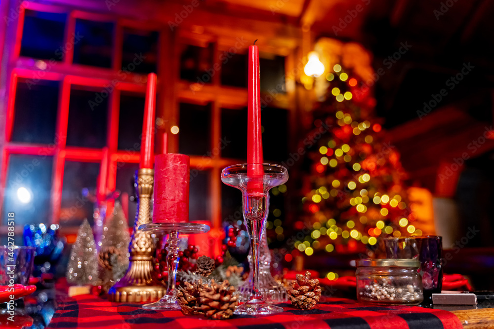 Decorated interior indoor celebration. Christmas celebrating pretty table.