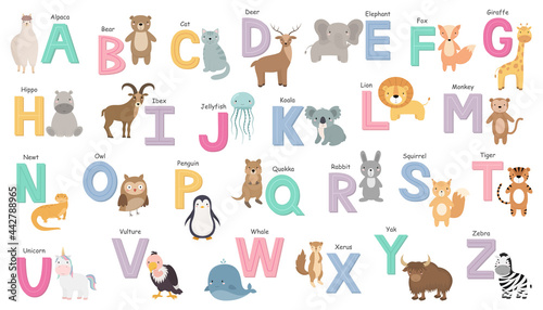 Fototapeta Naklejka Na Ścianę i Meble -  English alphabet with cute cartoon animals. Colorful alphabet for children. Capital letters. Vector illustration.