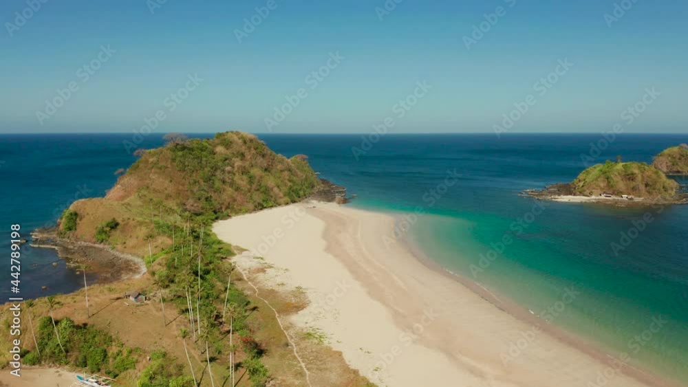 Aerial view of tropical island with sandy beach. Nacpan, El Nido, Palawan, Philippine Islands. Seascape with tropical beach and islands. Summer and travel vacation concept Aerial view of tropical island with sandy beach. Nacpan, El Nido, Palawan, Philippine Islands. Seascape with tropical beach and islands. Summer and travel vacation concept