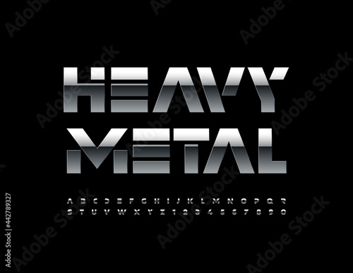 Vector creative poster Heavy Metal. Dark Silver Font. Shiny techno style Alphabet Letters and Numbers set